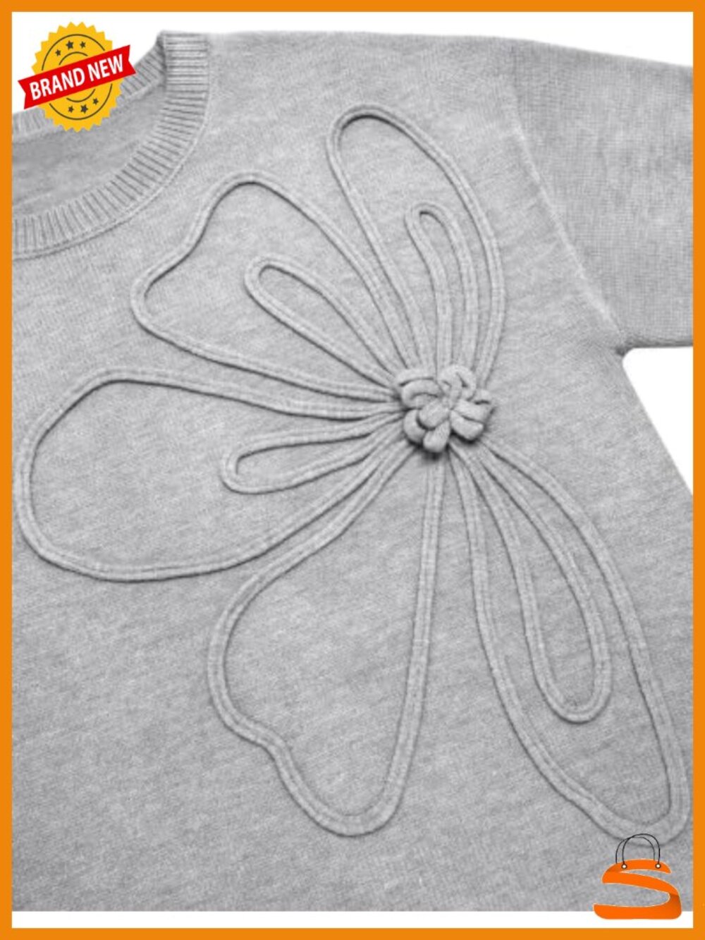 Women's 3D Floral Applique Crewneck Long Sleeve Pullover Sweater Knit - Picture 5 of 6